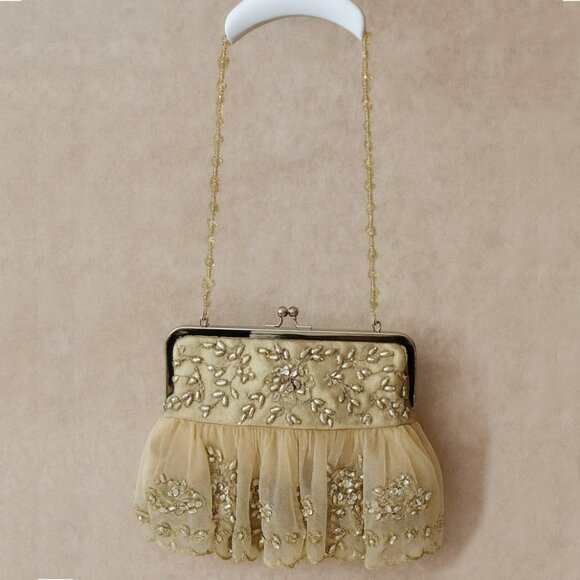 Moyna Hand-Beaded Organza Bridal Evening Bag Gold EUC - Picture 8 of 8